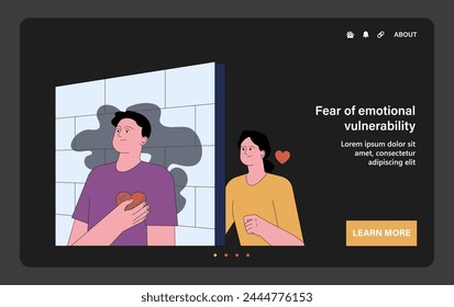 Fear of emotional vulnerability dark or night mode web, landing. Scared young man hiding behind a wall, reflecting the fear of emotional exposure. Avoidant attachment. Flat vector illustration