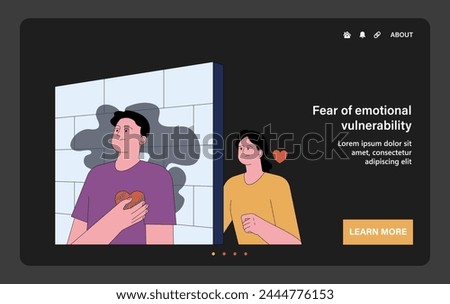 Fear of emotional vulnerability dark or night mode web, landing. Scared young man hiding behind a wall, reflecting the fear of emotional exposure. Avoidant attachment. Flat vector illustration
