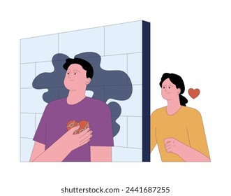 Fear of emotional vulnerability. Scared young man hiding behind a wall, reflecting the fear of emotional exposure towards the others. Avoidant attachment in a relationship. Flat vector illustration