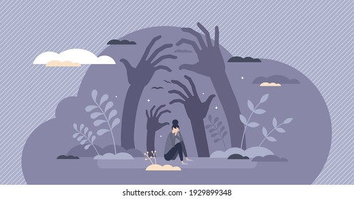 Fear emotions and panic attach with negative thoughts tiny person concept. Female afraid and frightened from anxiety and depression pressure vector illustration. Imaginary evil and suspicious feeling.