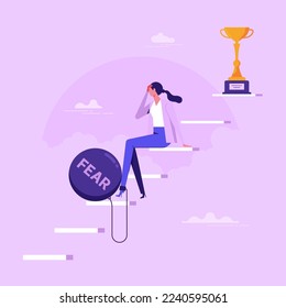 Fear of failure, anxiety or stressed, negative emotion in career development, afraid of progress forward concept, depressed businesswoman sitting on stairway to success goal