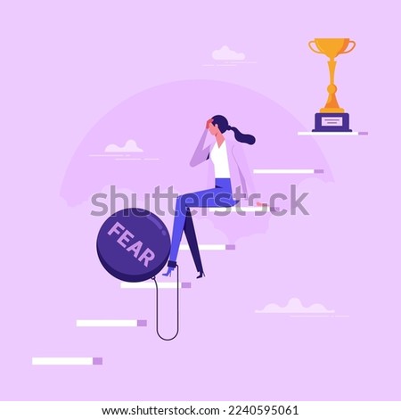 Fear of failure, anxiety or stressed, negative emotion in career development, afraid of progress forward concept, depressed businesswoman sitting on stairway to success goal