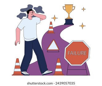 Fear of failure. Insecure anxious man stuck on the path to success. Terrified character with anxiety or stress scared to move forward. Obstacle for development and progress. Flat vector illustration