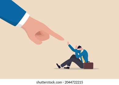 Fear of failure, loser afraid of business mistake, anxiety or stressed from work pressure, scared or challenge concept, depressed panic businessman fear of giant pointing finger blame him for mistake.