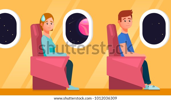 Fear of flying on an airplane. Fly in space\
on a rocket. Vector flat\
illustration