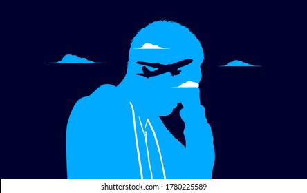 Fear of flying - Silhouette of male person with flying anxiety, and airplane with sky. Vector illustration. 