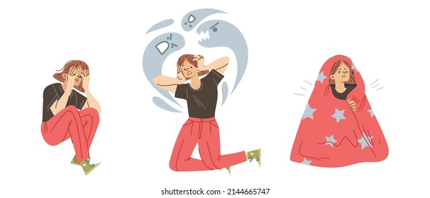 Fear, fright, depression mental problems. Girl character with introversion disorder hide under blanket, schizophrenia, neurological and psychological sickness, Linear cartoon flat vector illustration