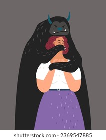 Fear, fright of a woman in the form of a large severe monster. Vector of fright and stress, character with problem anxiety and terrified illustration