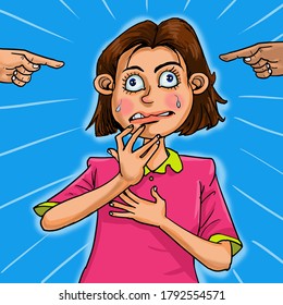 Fear girl when the human fingers pointing and blame her.