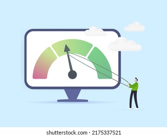 Fear And Greed Index or page loading speed time concept. Emotional on stock or crypto market - volatility trading indicator. Character is trying to change the indicator arrow into the green zone.