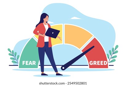 Fear and greed indicator - Businesswoman investor looking at stock market and investment sentiment on scale showing red for greed. Flat design vector illustration on white background