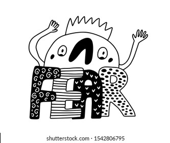 Fear hand drawn vector lettering with cute cartoon men frightened black white contrast doodle style emotion