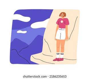 Fear of heights, acrophobia concept. Person in danger, threat, risk, standing on cliff edge and screaming. Psychology phobia, anxiety disorder. Flat vector illustration isolated on white background