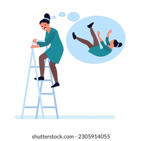 Fear of heights. Frightened woman afraid to climb stairs. Scared girl nervous about fall off ladder. Mental phobia. Person imagines flying down staircase. Vector