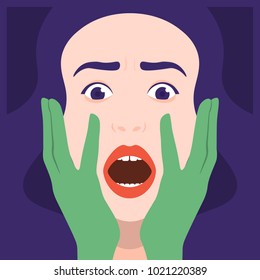 Fear, horror and mysticism. A frightened woman's face. Vector illustration