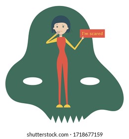 Fear. Horror. The unknown. Frightened woman holding a sign. I'm scared. Concept. Silhouette of a monster, alien, reptile, dinosaur with sharp teeth. Isolated object on a white background.