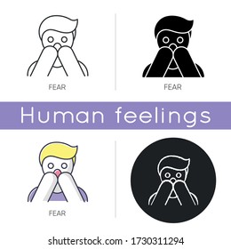 Fear icon. Human phobia. Panic attack. Anxiety disorder. Afraid of threat. Stress and mental health issue. Screaming facial expression. Linear black and RGB color styles. Isolated vector illustrations