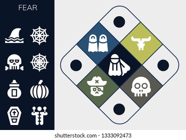 fear icon set. 13 filled fear icons.  Simple modern icons about  - Fins, Coffin, Voodoo doll, Ossuary, Pumpkin, Skull, Spider web, Shark