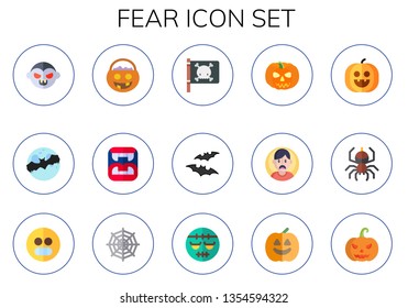fear icon set. 15 flat fear icons.  Collection Of - vampire, bat, trick or treat, fangs, jolly roger, pumpkin, spider, creepy, spider web, frankenstein