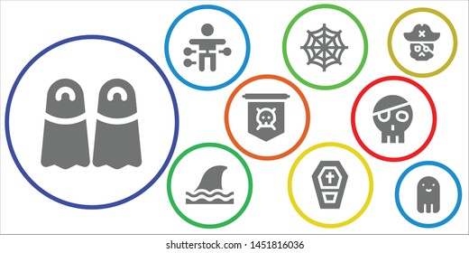 fear icon set. 9 filled fear icons.  Simple modern icons about  - Fins, Voodoo doll, Spider web, Shark, Coffin, Jolly roger, Skull, Ghost