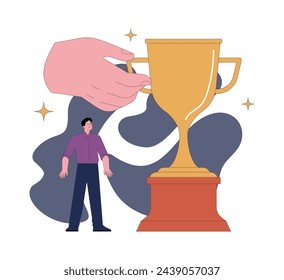 Fear of inadequacy. Man standing right behind a large undeserved trophy or prize. A tiny inferior person experiencing feelings of insignificance standing small. Flat vector illustration