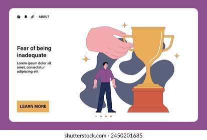 Fear of inadequacy. Man standing right behind a large undeserved trophy or prize. A tiny inferior person experiencing feelings of insignificance standing small. Flat vector illustration