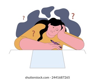 Fear of incompetence. Confused, insecure woman with blank page syndrome. Stressed character with a white sheet paper and self-doubt. Professional with low self-esteem. Flat vector illustration