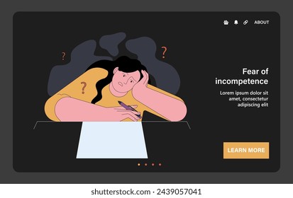 Fear of incompetence dark or night mode web, landing. Confused, insecure woman with blank page syndrome. Stressed character with a self-doubt. Professional with low self-esteem. Flat vector