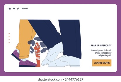 Fear of inferiority web or landing. A tiny inferior person among huge people. A person experiencing feelings of insignificance standing small. Flat vector illustration