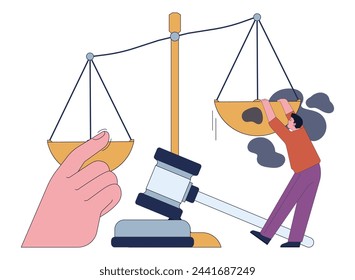 Fear of injustice. Character struggles to balance the scales of justice. Fight against unfair treatment and inequality. Human injustice and discrimination as global social issue vector illustration