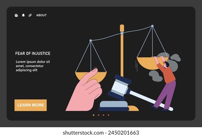 Fear of injustice web or landing dark or night mode. Character struggles to balance the scales of justice. Fight against unfair treatment and inequality. Global social issue. Flat vector illustration