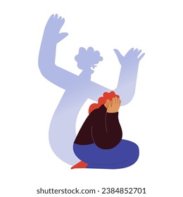 Fear, Insecurities haunting you. Woman scared of ghost evil coming out of herself, insecurities, pressure. Huge fear shadow. Modern flat vector illustration