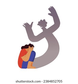 Fear, Insecurities haunting you. Woman scared of ghost evil coming out of herself, insecurities, pressure. Huge fear shadow. Modern flat vector illustration