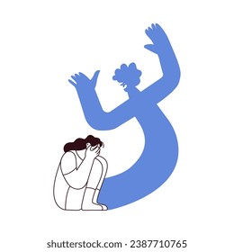 Fear, Insecurities haunting you. Woman scared of ghost evil coming out of herself, insecurities, pressure. Huge fear shadow. Black and white modern flat vector illustration