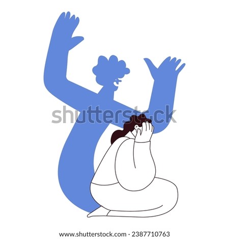Fear, Insecurities haunting you. Woman scared of ghost evil coming out of herself, insecurities, pressure. Huge fear shadow. Black and white modern flat vector illustration