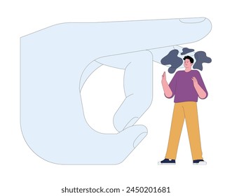 Fear of Insignificance. A person stands small before a giant hand flicking him out, portraying feelings of being overshadowed and insignificant. Flat vector illustration