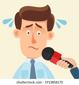 Fear of the interview and public speech. Confused and stressed man gives an interview. Vector illustration, flat design, cartoon style, isolated background.