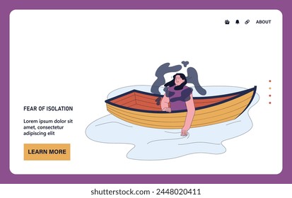 Fear of isolation web or landing. Frightened young woman sitting in a drifting away boat. Panic expression, phobia of separation or exile. Flat vector illustration