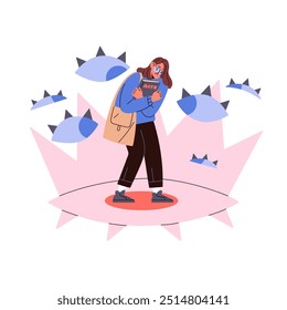 Fear of judgment concept. Teenager with psychological problems suffers from social blame, violence, cyber bullying, abuse in internet, school. Flat isolated vector illustration on white background