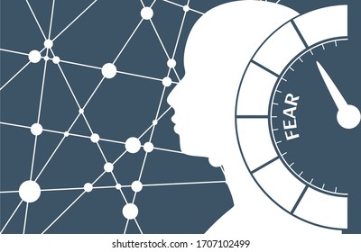 Fear level conceptual meter indicating maximum. Scale with arrow. Sign tachometer, speedometer, indicators. Infographic gauge element. Head of man. Connected lines with dots