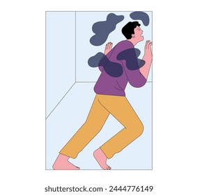 Fear of limitation. Horrified man trapped by the borders. Person limited in closed space. Man with panic attack, anxiety, fear, phobia of confined places. Flat vector illustration