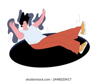 Fear of loosing control. Terrified young woman falls into the dark void, afraid of unknown. Powerless and overwhelmed character mental disorder. Flat vector illustration