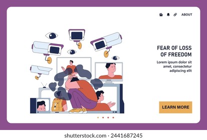 Miedo a perder la libertad en la web o al aterrizaje. Un joven vigilado por las cámaras de seguridad. Vigilancia, control o monitoreo total, invasión de la privacidad. Ilustración vectorial plana