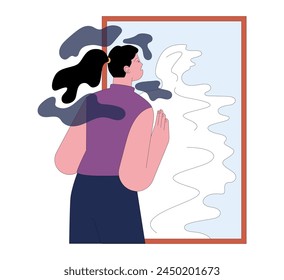 Fear of loosing identity. Terrified young woman looking to a mirror without her reflection. Scared character loss of personality, dissociation disorder. Flat vector illustration