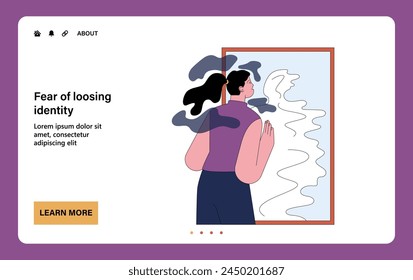 Fear of loosing identity web or landing. Terrified young woman looking to a mirror without her reflection. Scared character loss of personality, dissociation disorder. Flat vector illustration