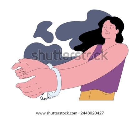 Fear of losing freedom. Scared and shocked woman with handcuffs or shackles on her hands. Young woman with fear of connection. Relationships burden. Flat vector illustration