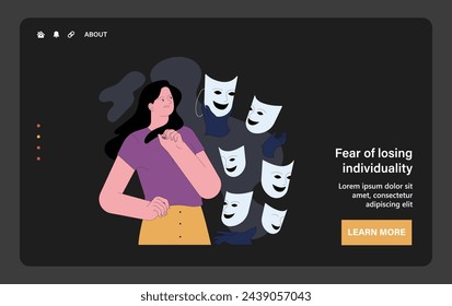 Fear of losing individuality. Frightened contemplative young woman surrounded by identical masks. Struggle to maintain uniqueness among conformity. Flat vector illustration