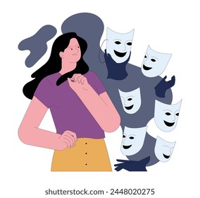 Miedo a perder la individualidad. Mujer joven contemplativa asustada rodeada por máscaras idénticas. Luchar por mantener la unicidad entre la conformidad. Ilustración vectorial plana