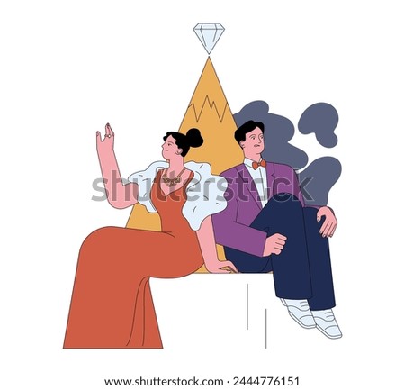 Fear of losing social status. Luxuries couple on a top of social hierarchy pyramid. Rich wealthy man scared of poverty and losing a status. Flat vector illustration