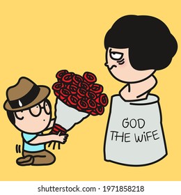 Fear Man Kneeling And Giving Bouquet Flowers To His Moody God Wife
